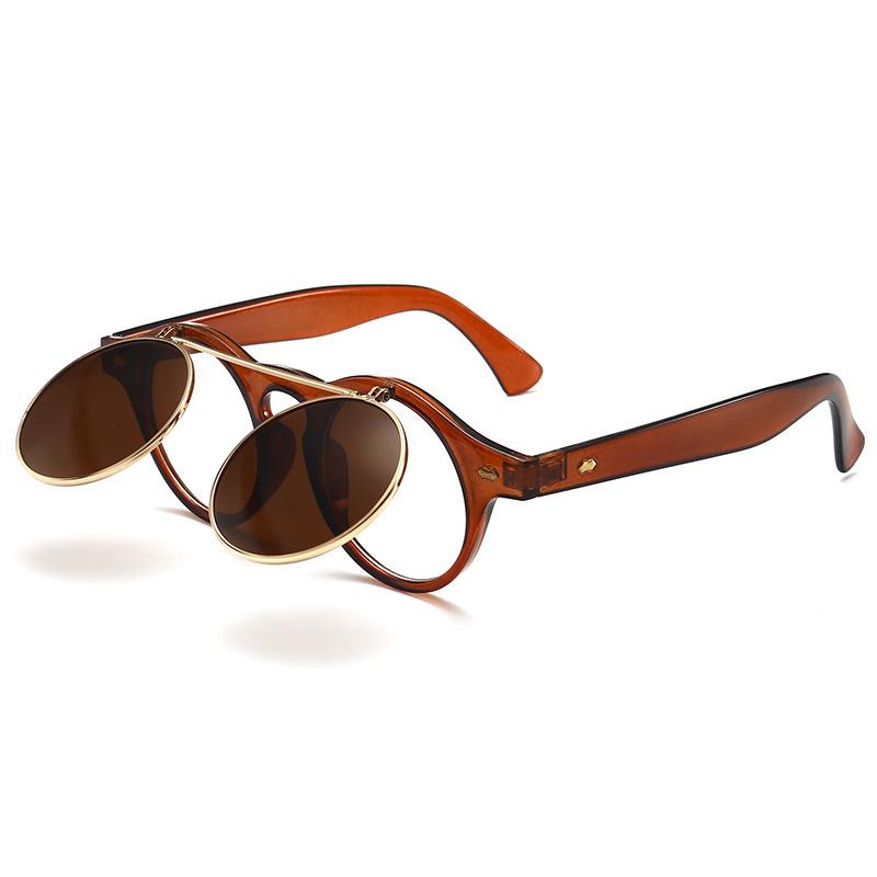 Retro Flip-Up Punk Steampunk Round Double-Layer Sunglasses European & American Trend 8008