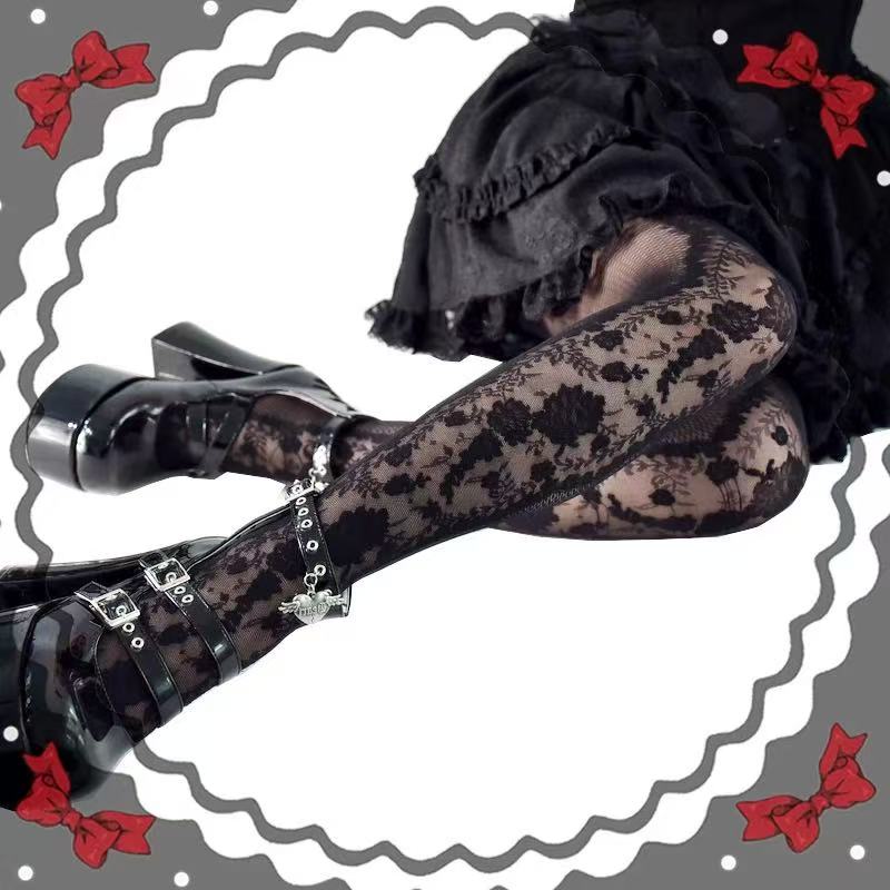 Women'S Vintage Hollow Gothic Black Stockings Dark Punk Lolita Jk Accessory Pantyhose Subculture Y2K Spice Girls Jacquard