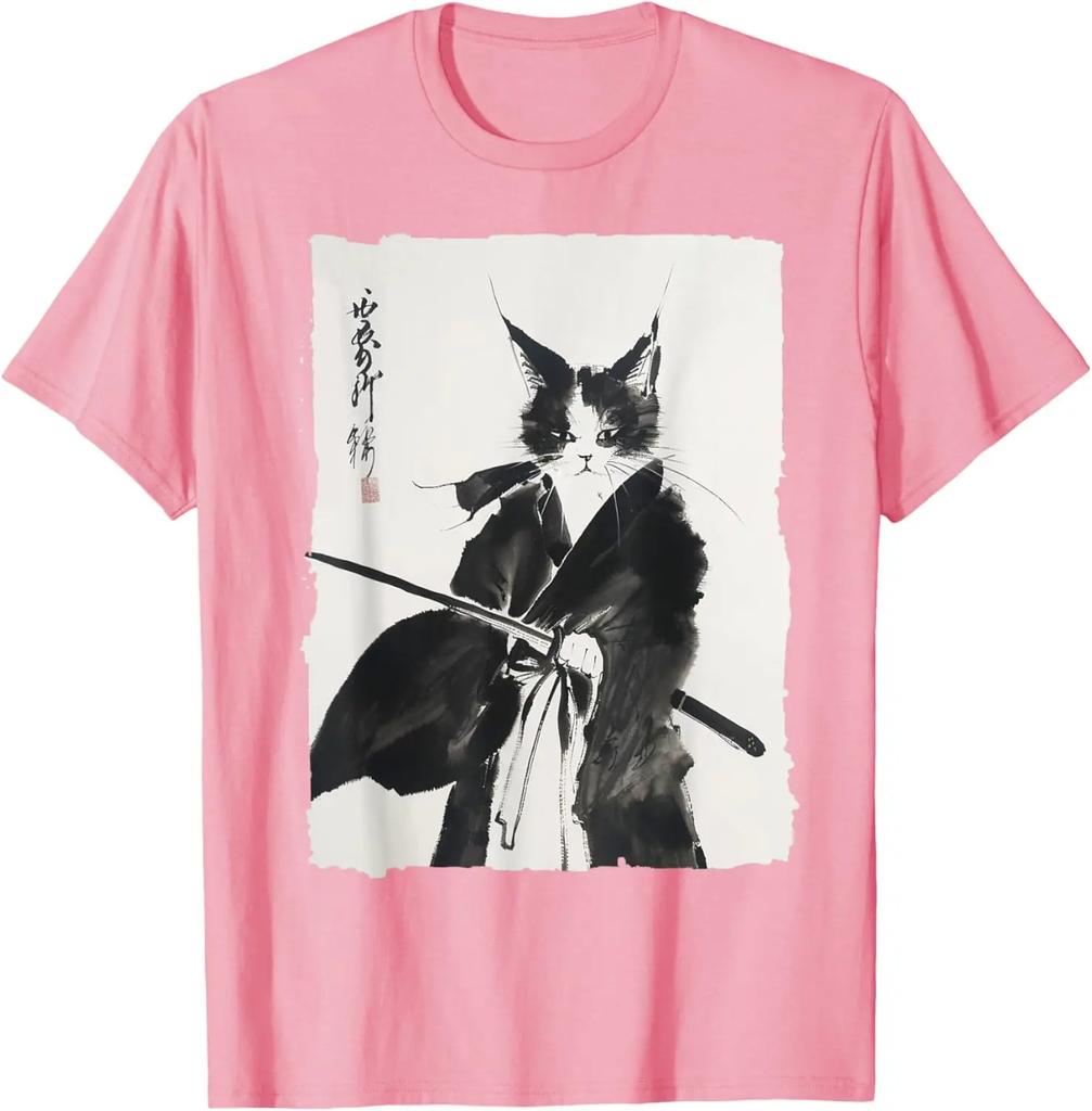 2025 Men's Summer Samurai Cat Art Pattern Harajuku T-shirt Y2k Comfortable and Loose Top