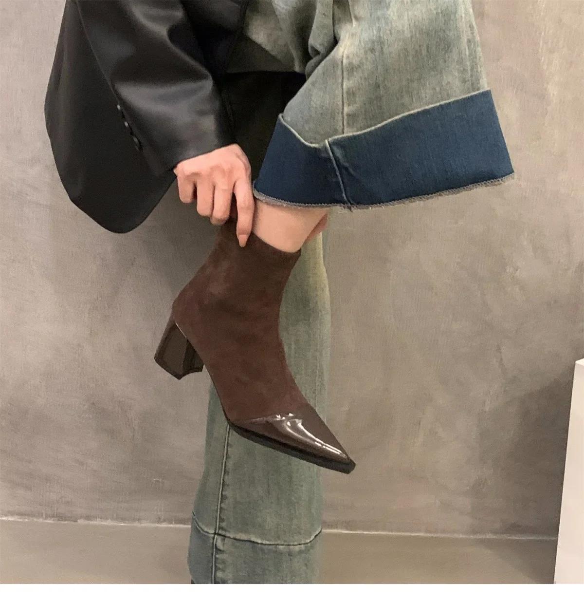 

Модный дизайнер Леопардовый принт Женские ботильоны Модные остроносые Короткие ботильоны Лаконичная пэчворк Толстый каблук Туфли Botas De Mujer 40 коричневый