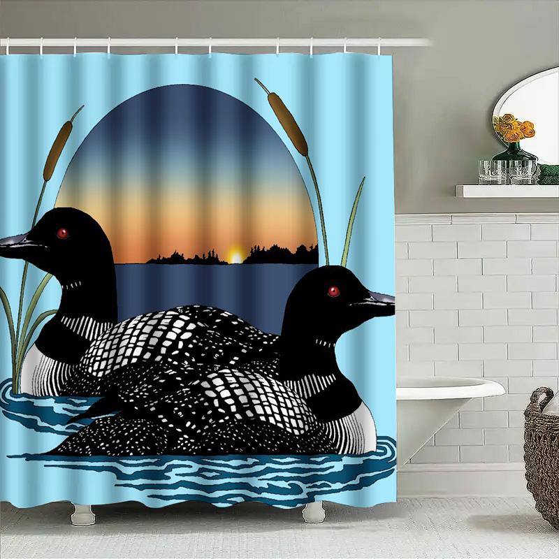 Blue Shower Curtain With Wildlife Print: A Peacock Pair Swimming In Water At Sunset Perfect For Your Bathroom Decor
