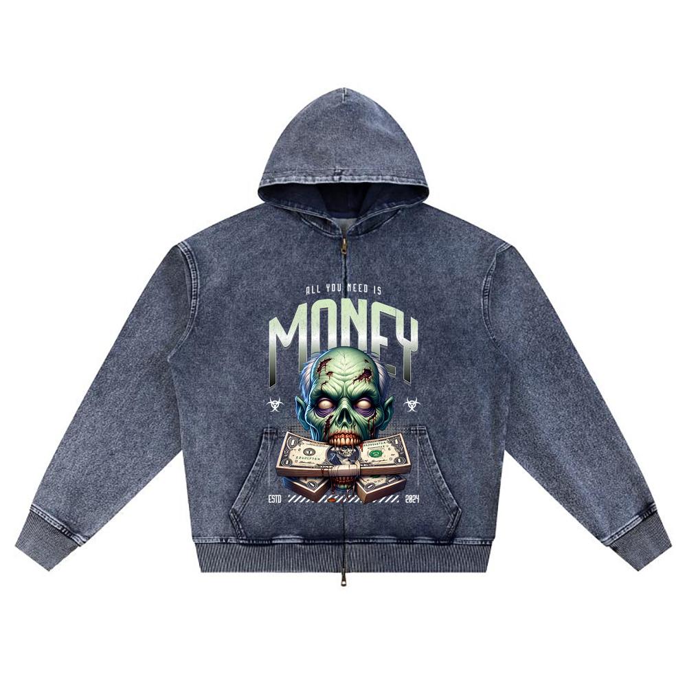 

DTG print Knitted Denim Zip-Up Hoodie Money Zombie T shirt Brother Print Zipper Hoodies XL