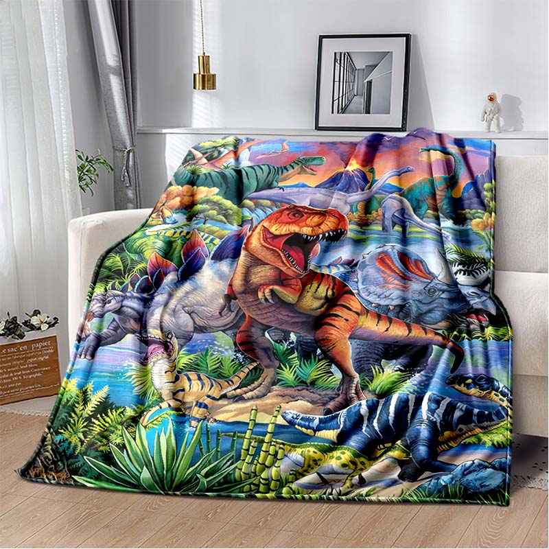 Fire T-Rex Dinosaur Print Flannel Blanket, Kids Prehistoric Throw Blanket