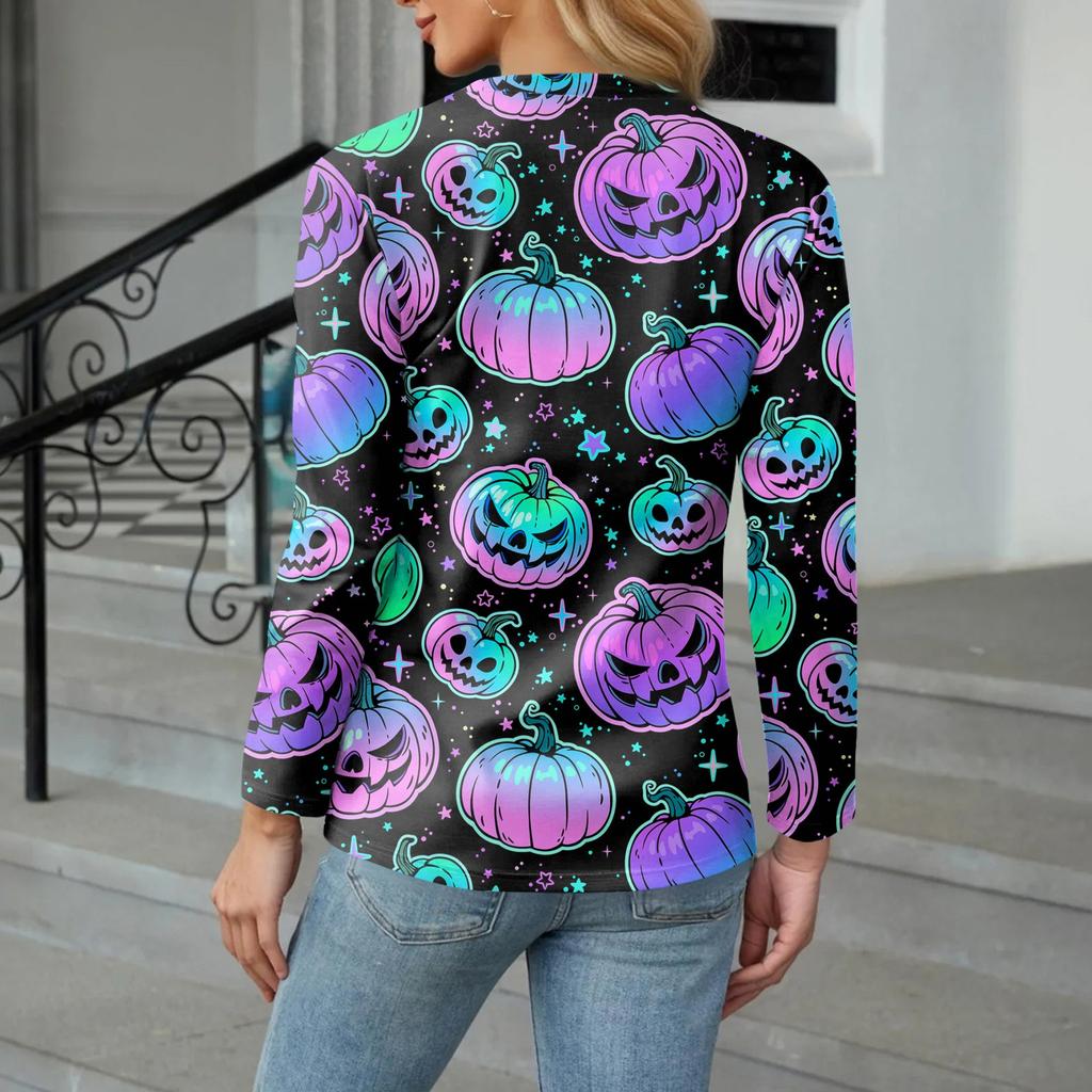 Women's Casual Fashion Sexy Comfort Halloween Printed V-Neck Button Long Sleeve