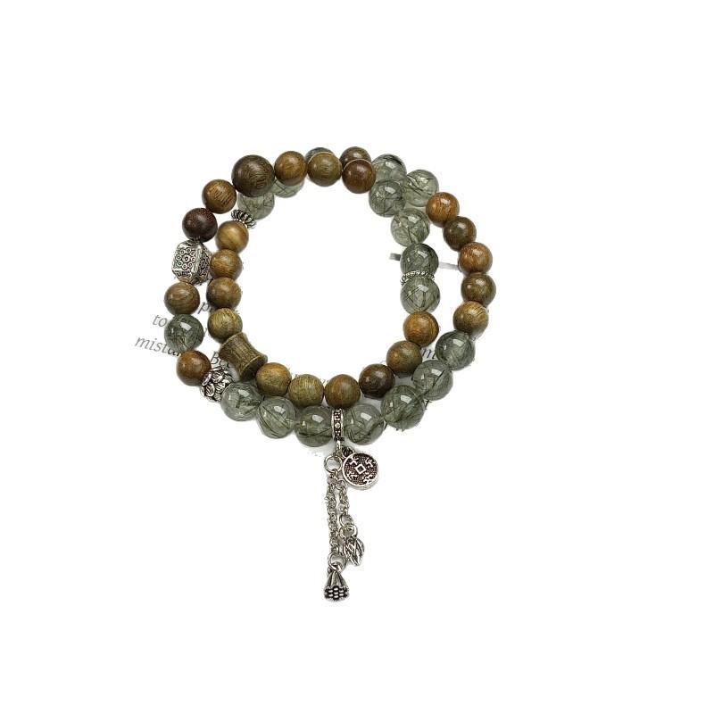 Handmade Green Rutilated Quartz Sandalwood Double Loop Bracelet Women New Chinese Style 8mm Beads Flowing Tassel Design