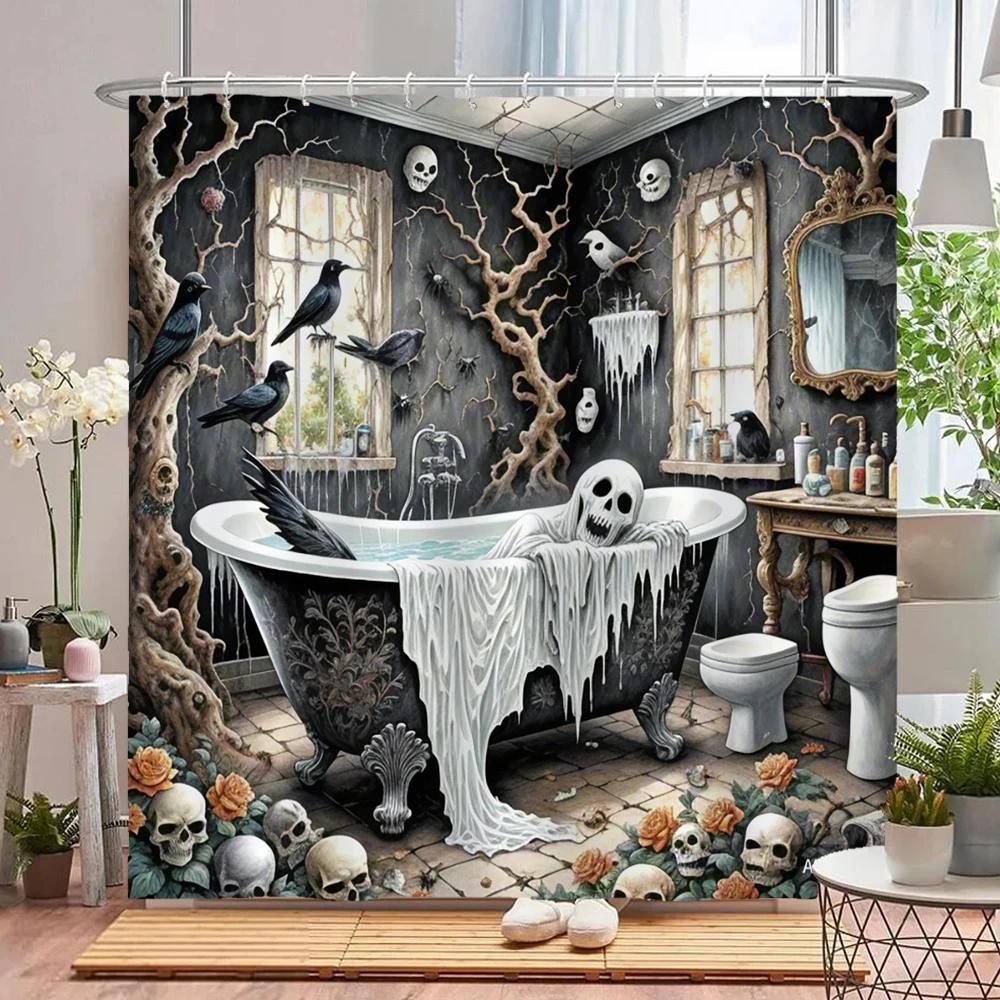 Lustiger Halloween-Duschvorhang Wasserdichter Badezimmer-Vorhang Schrecklicher Verrückter Skelett, Geist, Dunkler Stil Heim-Dekorationsvorhang