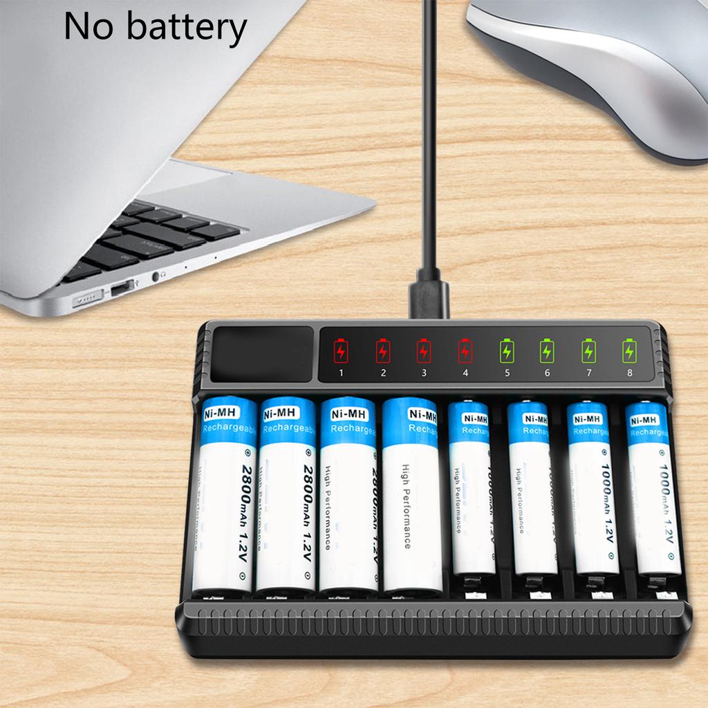 8 Bay AA AAA Battery Charger LCD USB C High-Speed Charging Independent Slot for NiMH NiCD Rechargeable Batteries
