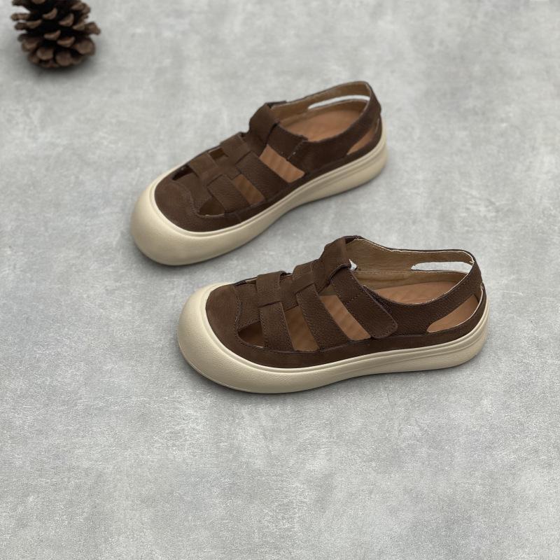 Johnature Жіночі повсякденні сандалі з натуральної шкіри з круглим носком, літні, з перфорацією, дихаючі, на м'якій підошві