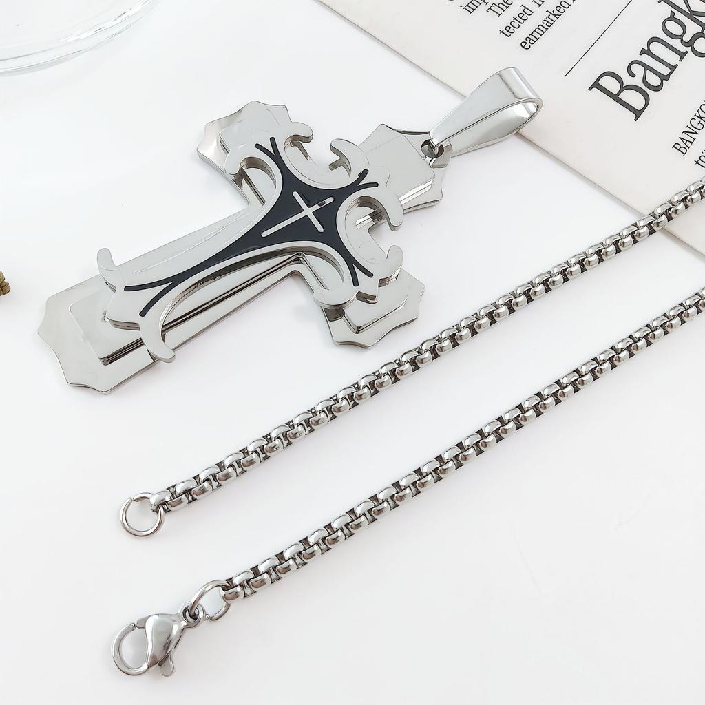New Trendy Men's Titanium Steel Flat Section Necklace from Europe and America, Stainless Steel Oil Drop Cross Pendant