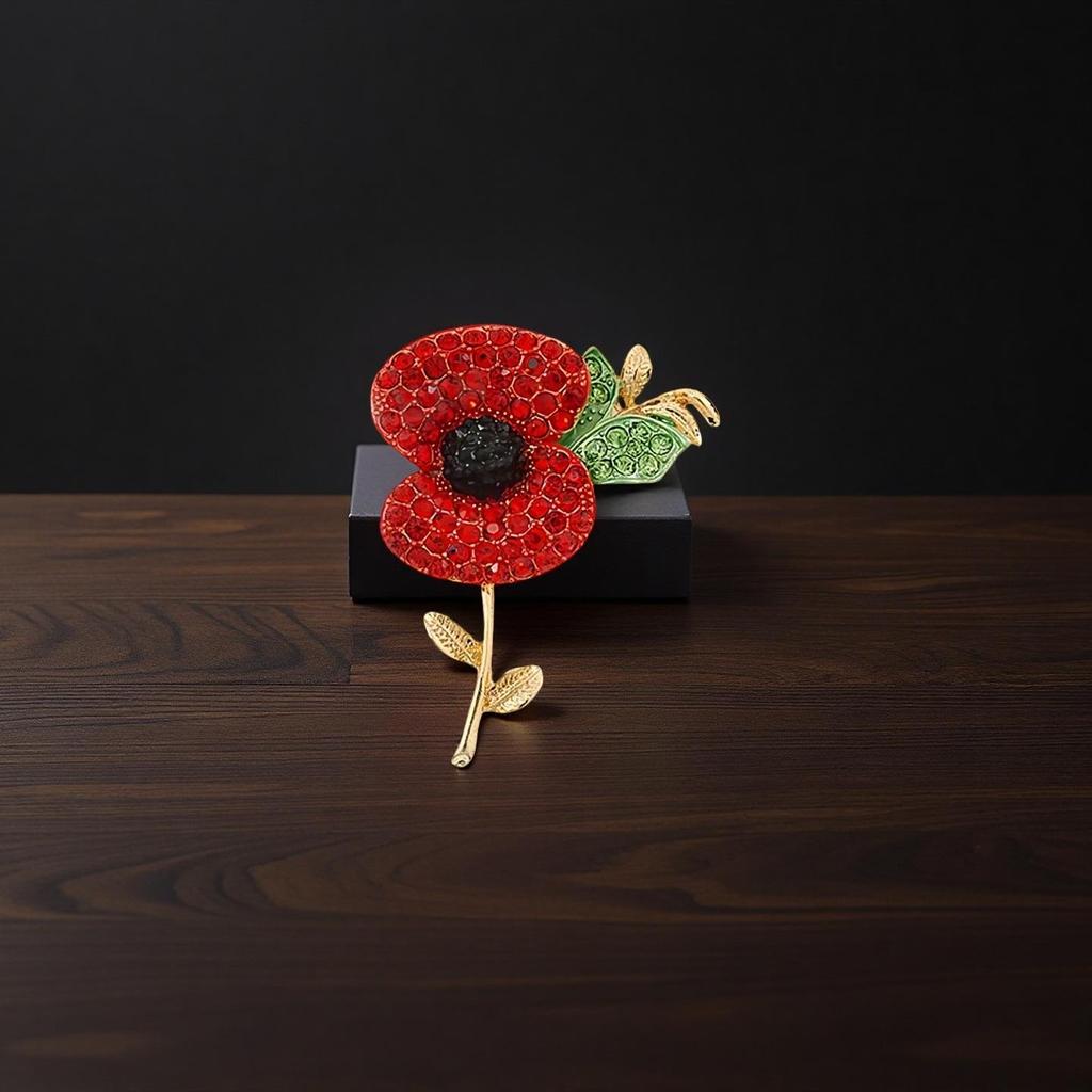 Kate Middleton Commemorative Poppy Red Enamel Brooch with Rhinestones