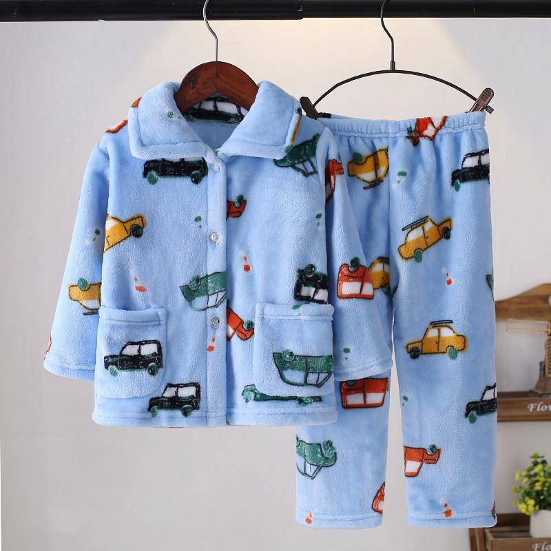 Kids' Flannel Pajama Set - Thick Coral Fleece Cardigan for Boys & Girls, Perfect for Autumn & Winter.