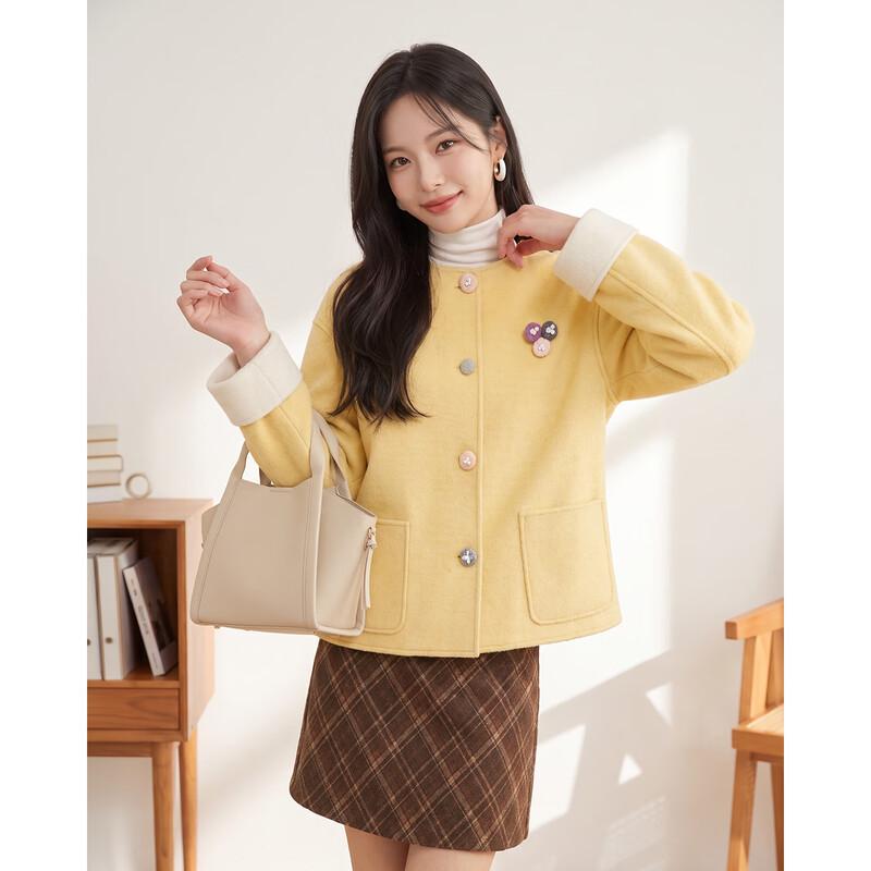 IEF Women's Short Wool-Blend Round-Neck Jacket with Decorative Buttons