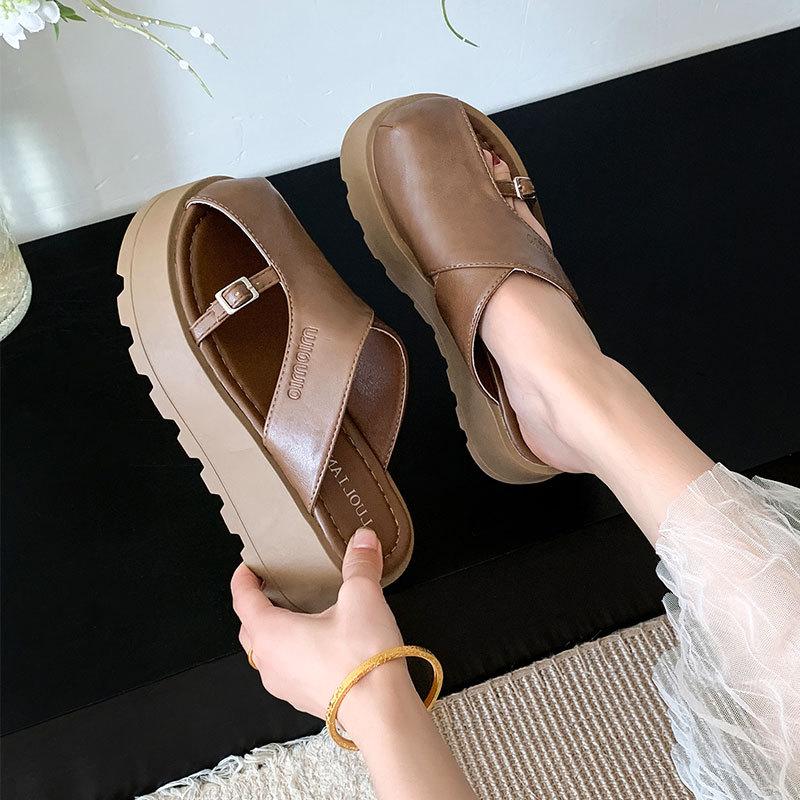 Retro fashion muffin thick bottom comfortable versatile lazy sandals women's outer wear 2025 spring and summer new bag head half slippers