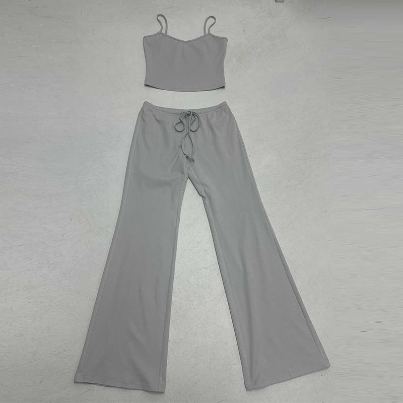 Casual Flare Pants Set for Women Solid Color Crop Tank Top Low Rise Lacing Pants Two Piece Outfit Loungewear Streetwear