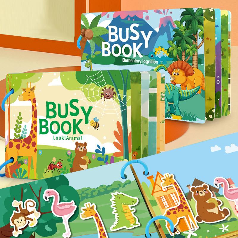 1 Set Cartoon Ruhiges Buch Montessori Busy Book mit Tiererkennungs-Puzzle Interaktive Spielkarten für Vorschul-DIY-Puzzlebuch