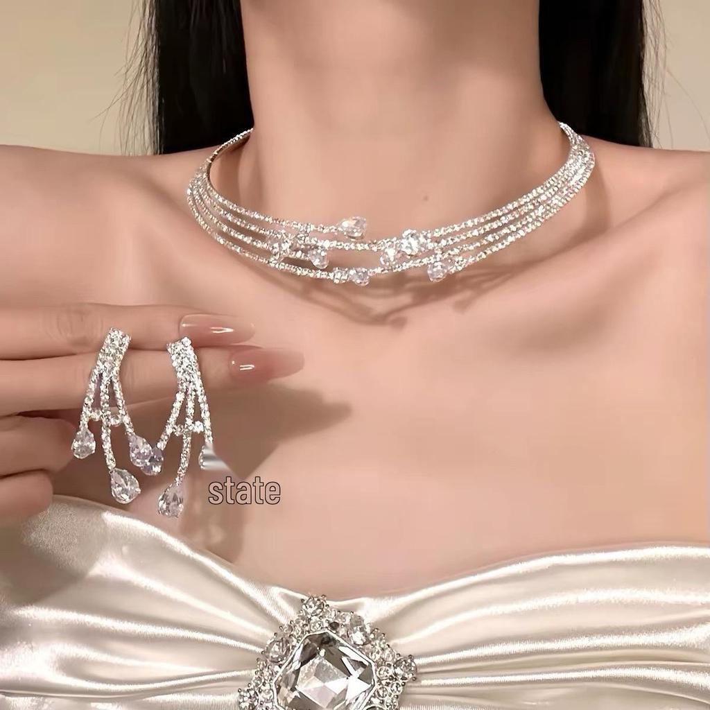 Elegant Waterdrop Diamond Tassel Necklace and Earrings Set for Women