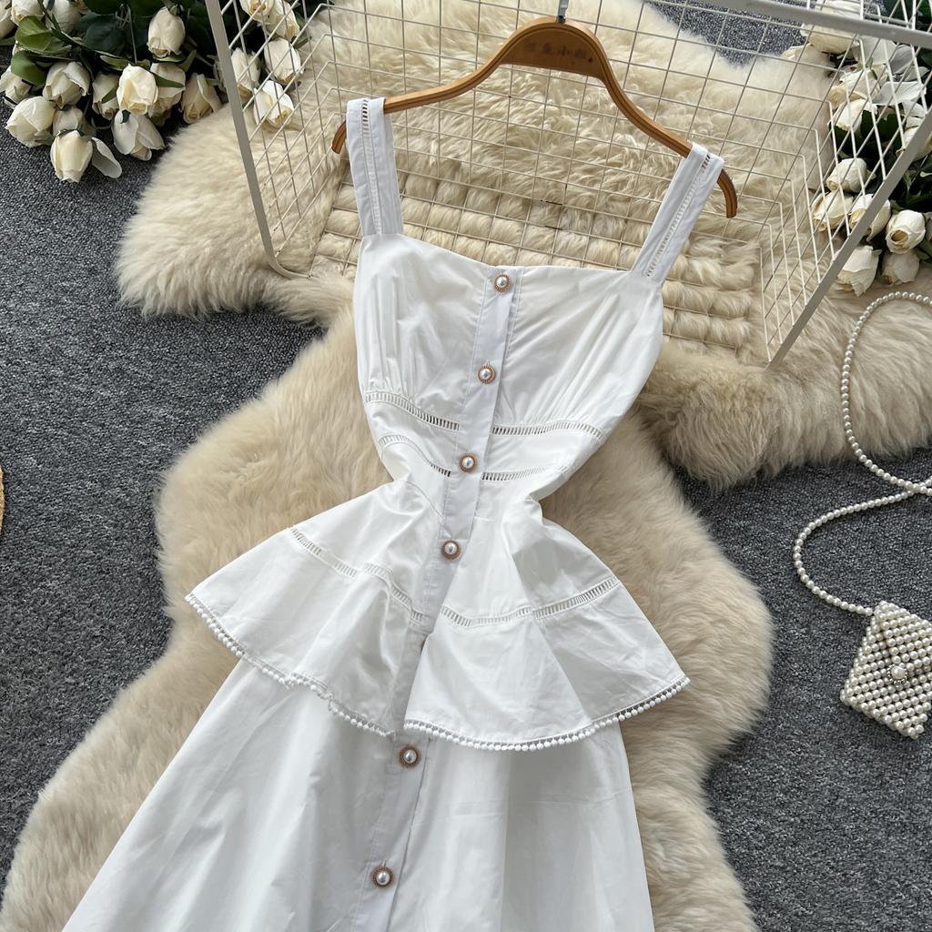 New white workplace intellectual sleeveless A-shaped dress women's summer commute high waist fresh fashion dress