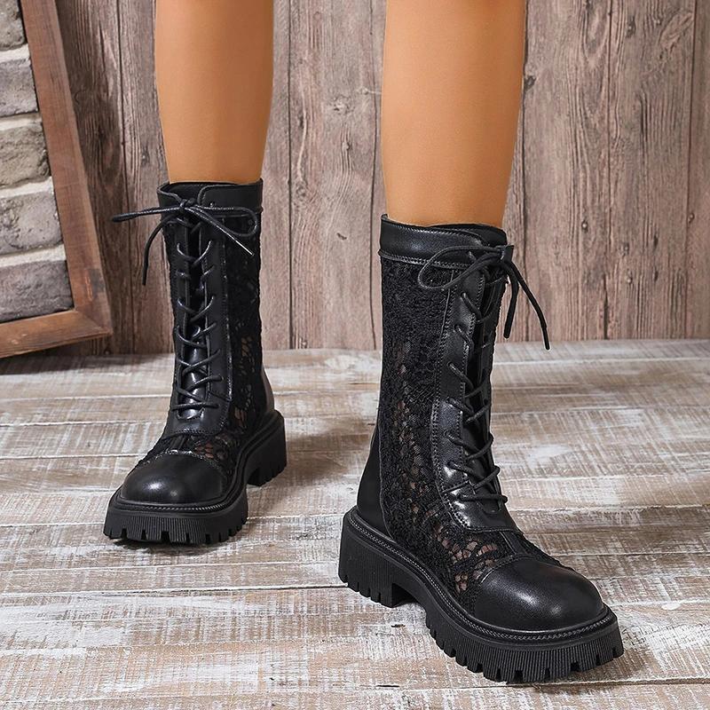 Móda 2024 Léto Vysoká Kvalita Dámské Boty Módní Kulatá Špička Jednobarevné Dírkované Prodyšné Střední Podpatek Šněrovací Krátké Dámské Boty