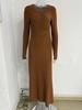 Independent Style European & American Solid Color Ribbed V-Neck Single-Breasted Long Dress for Women - Autumn/Winter Collection