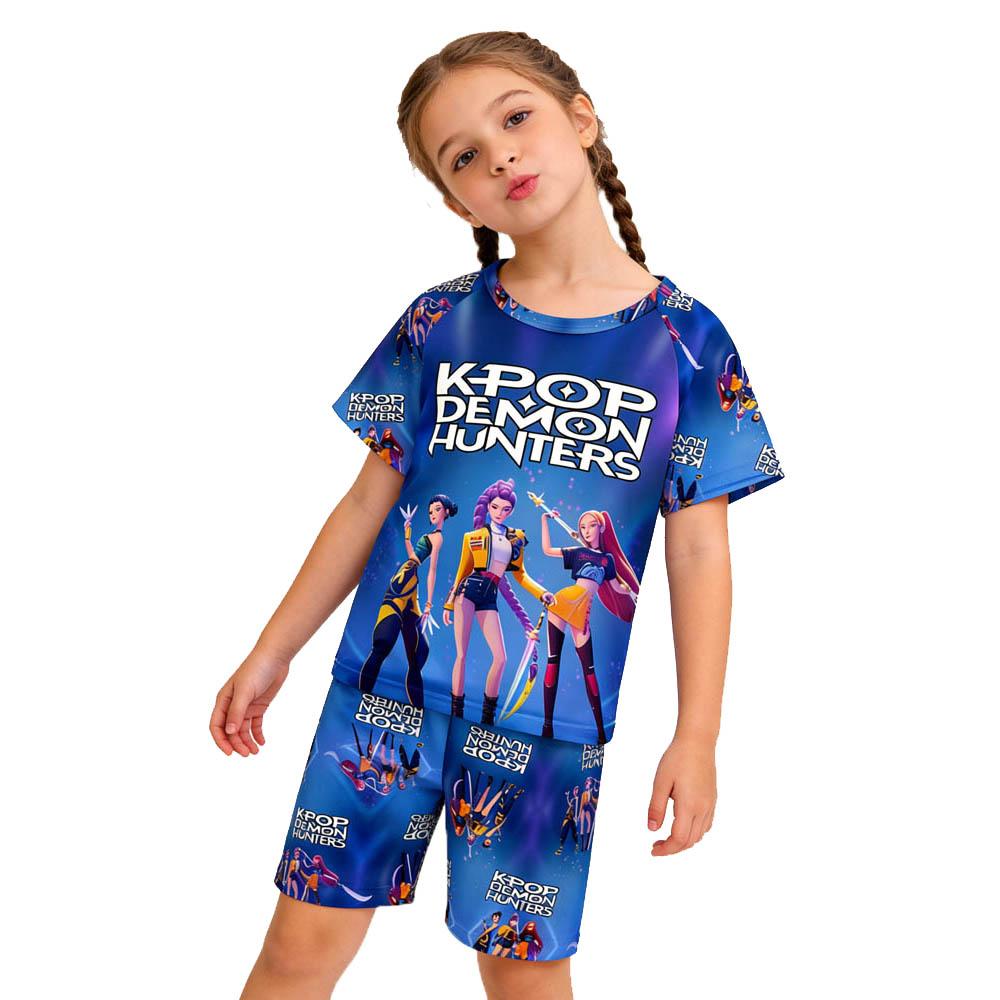 Fashion Fun Cartoon Devil Hunter Print Kids T-shirt and Shorts 2 Piece Set Summer Casual Outdoor Boy's and Girl's Outfit Set