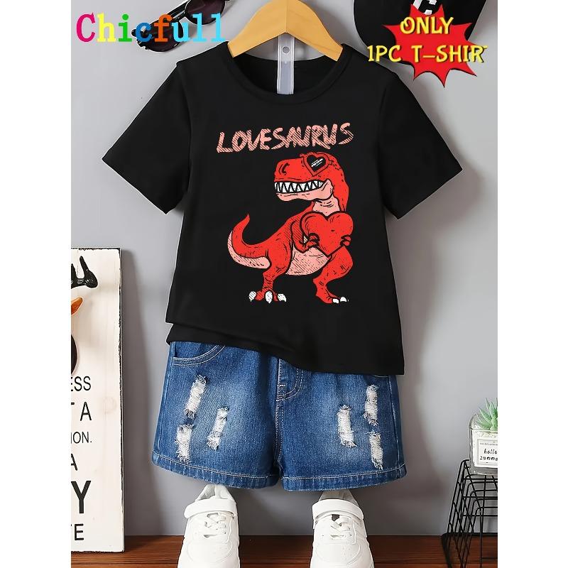 European sizes Children 1pc CHICFULL Boys' Valentine'S Day T-Shirt, Red Dinosaur & Heart Print, Casual Crew Neck Polyester Knit Fabric, Slight Stretch