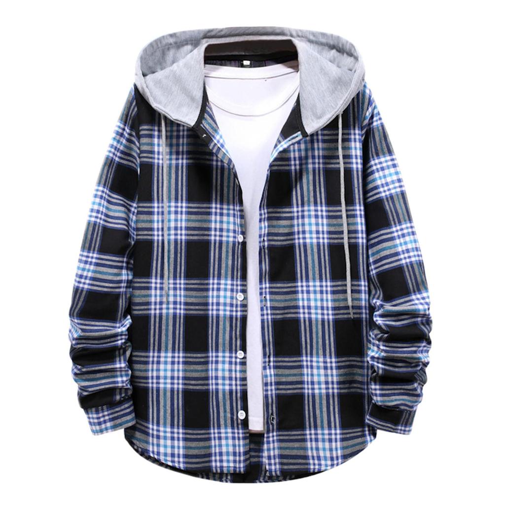 Men Casual Plaid Shirt Hooded Shirts Oversized Casual Shirt Men's Clothes European American Style Handsome Holiday Checked Shirt
