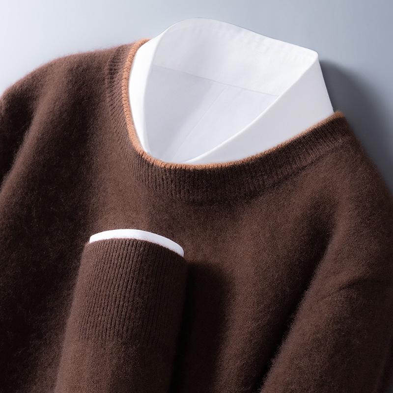 

Men s Pure Wool Color Block Round Neck Sweater - Casual Loose Fit for Autumn & Winter 2XL