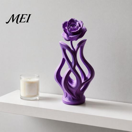 One-piece 3D Printed Vase Rose Sculpture, Hollow Floral Art Figurine with Matte Finish, Bookshelf Decor Piece Minimalist Desk for Living Room Entryway