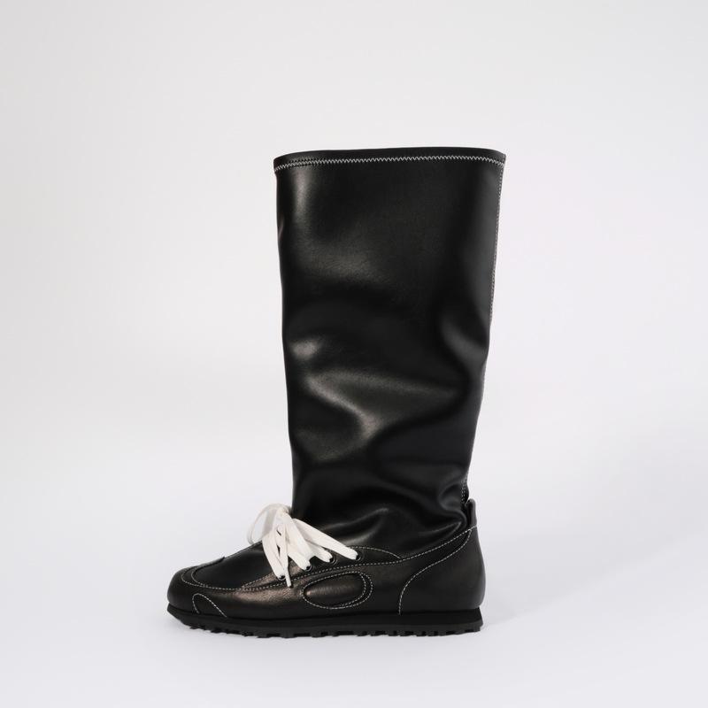 Cowhide Version~ Genuine Leather Retro Straps But Knee Boots Women's British Style Thick Heel Pleated Stack Wide Tube Knight Boots