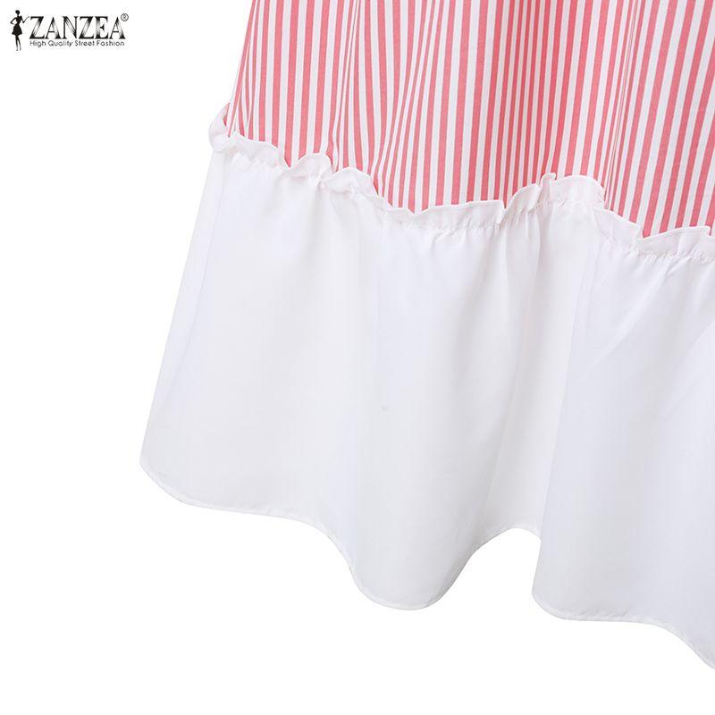 ZANZEA Women Stripe Print Loose Casual Long Sleeve Splice Long Dress