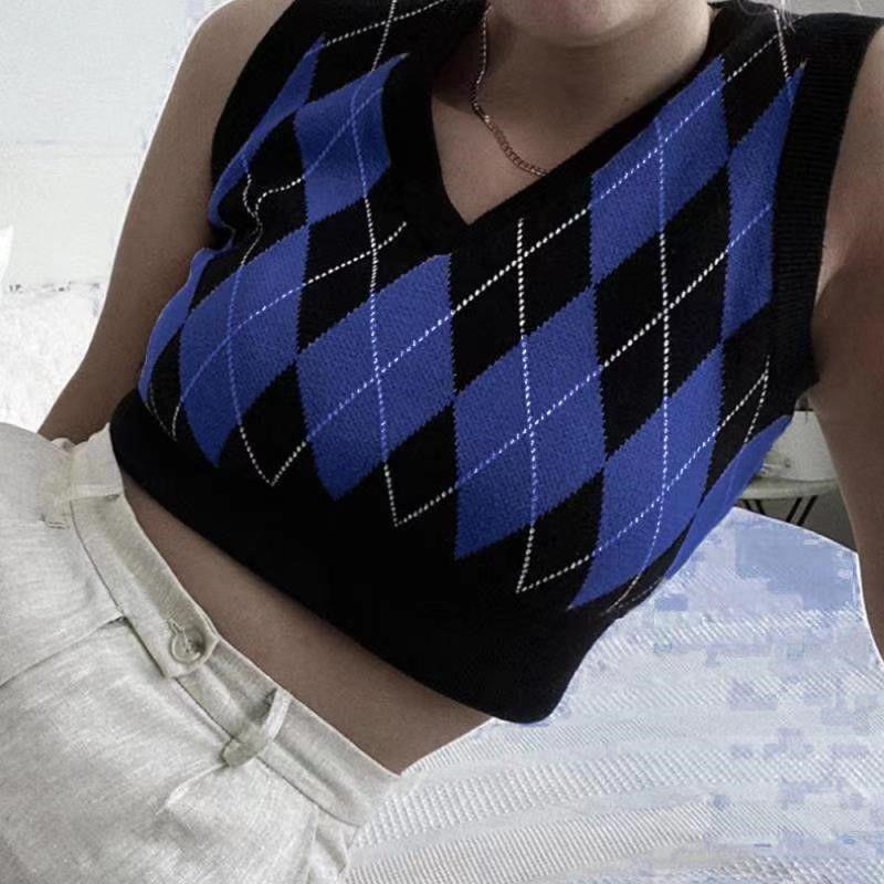 Holiday Autumn and Winter Personalized Fashion New Arrival Woolen Women's Clothing Sexy Plaid Color Contrast Short Sleeveless Vest Tops
