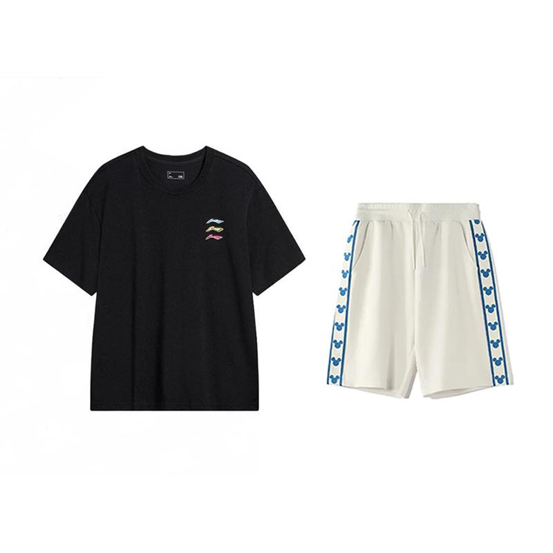 

Футболка с круглым вырезом и короткими рукавами с принтом логотипа Li Ning, свободные, удобные, приятные к коже шорты, повседневный спортивный костюм, унисекс, спортивная одежда YHSV371-1+YKSV129-1 M