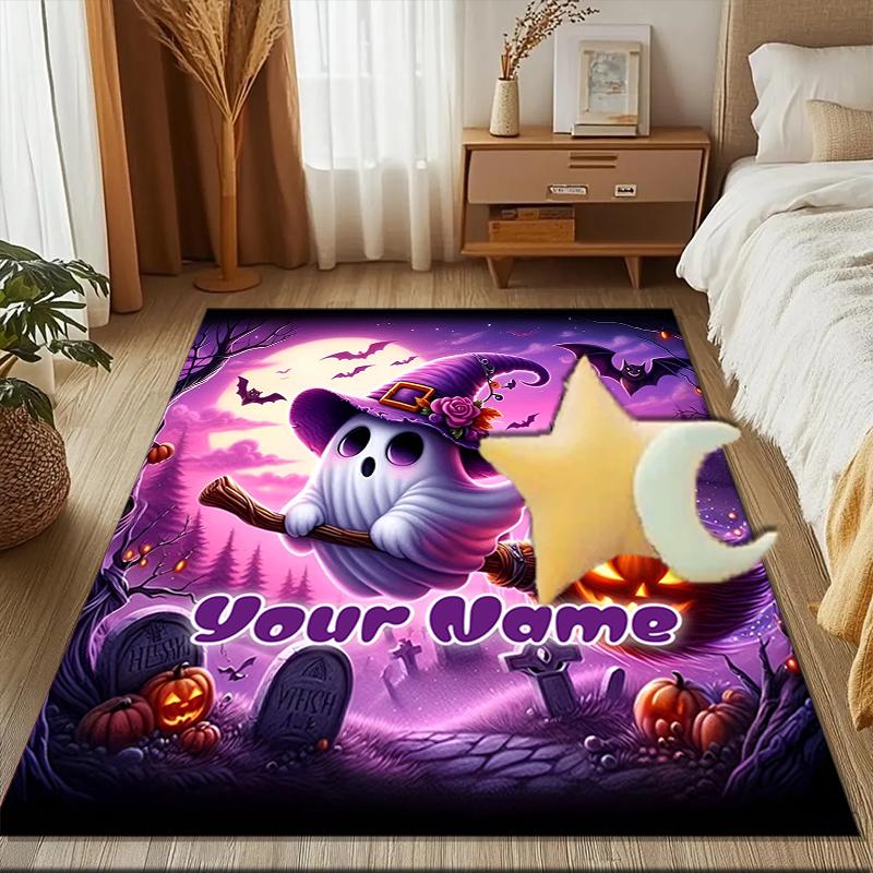 1PC Custom Name Halloween Ghost On Broomstick Theme Floor Mat Ideal for Living Room, Game Rooms, Office, Bedroom,Floor Mat Playful Design65