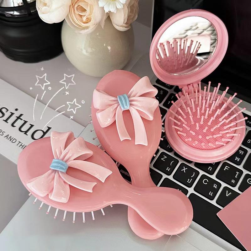Pink Round Folding Comb With Mirror Portable Bow Decor Anti Static Pocket Hair Brush Cartoon Princess Style Handle Comb Girl