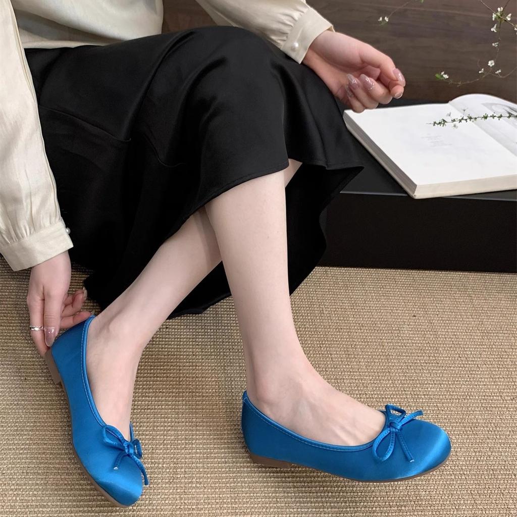 Red shallow single shoes female spring new French retro gentle fairy wind round head ballet flat beanie shoes