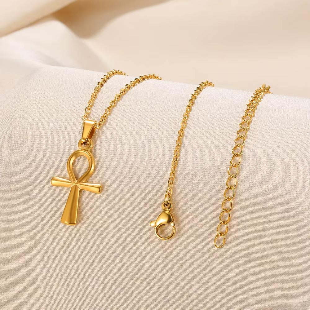 Religion Egyptian Ankh Crucifix Necklaces Gold Color Cross Charm Choker Stainless Steel Symbol of Life Jewelry Gifts Women Men