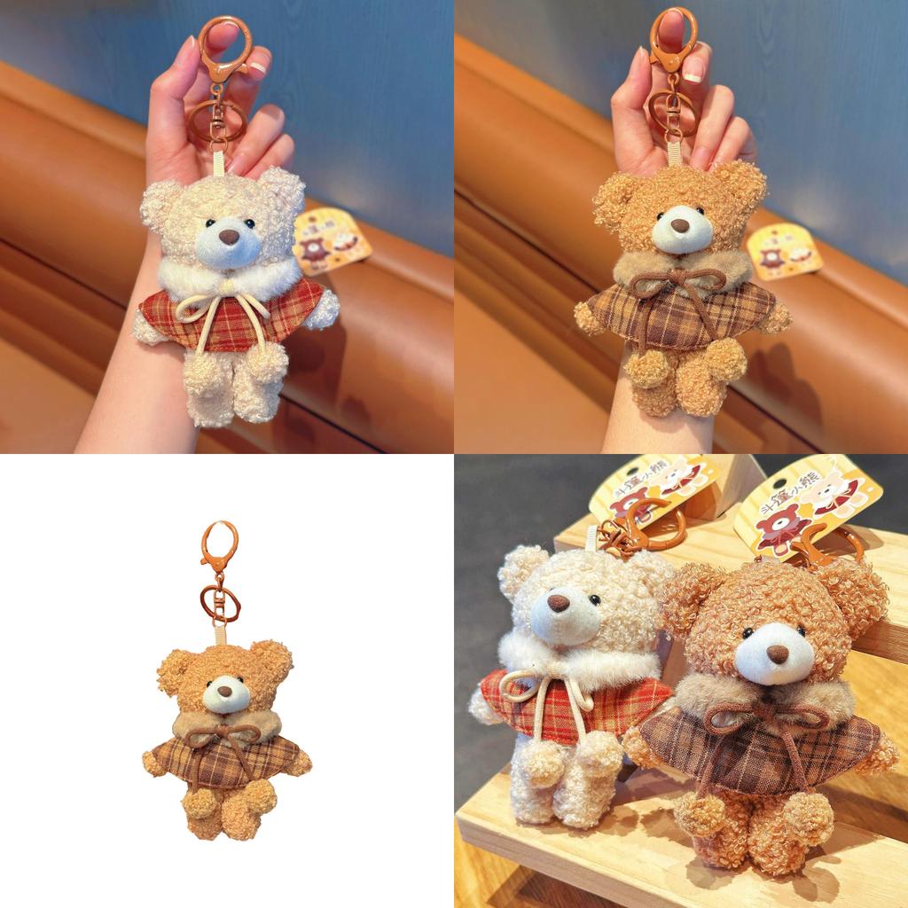 Cute Plush Bear Keychain With Checkered Cape Design For Gift And Bag Decoration