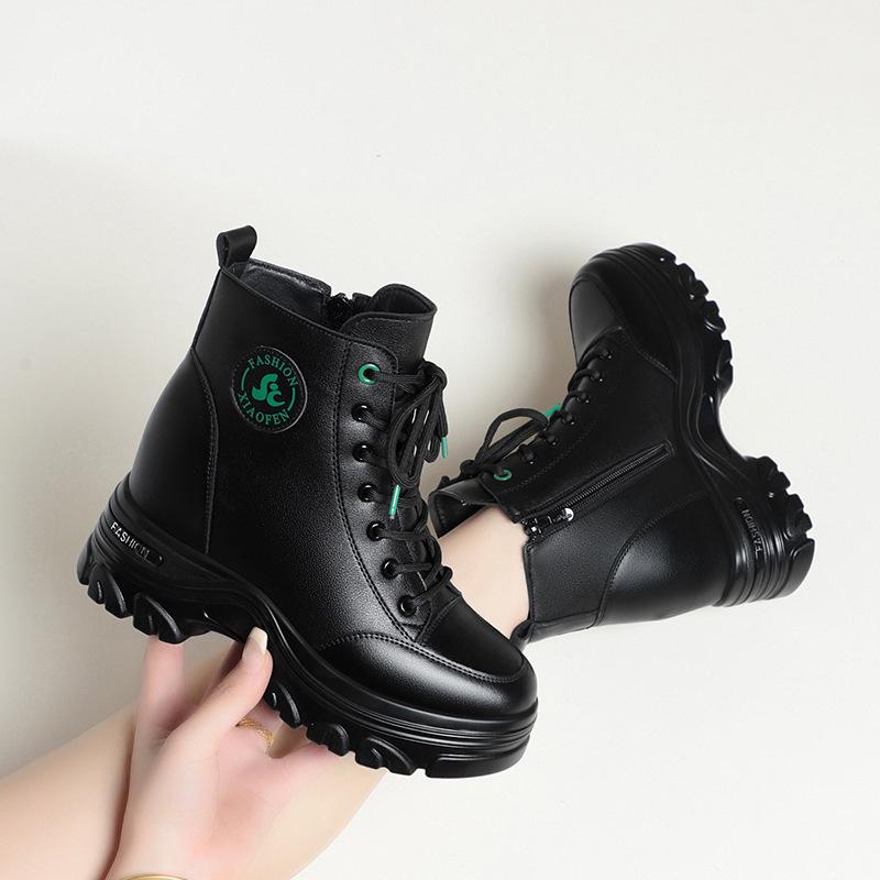 Fashion Autumn Winter Women Warm Leather Platform Wedge Mid Calf Ankle Motorcycle Booties Non Slip Plus Velvet High Top Casual Shoes