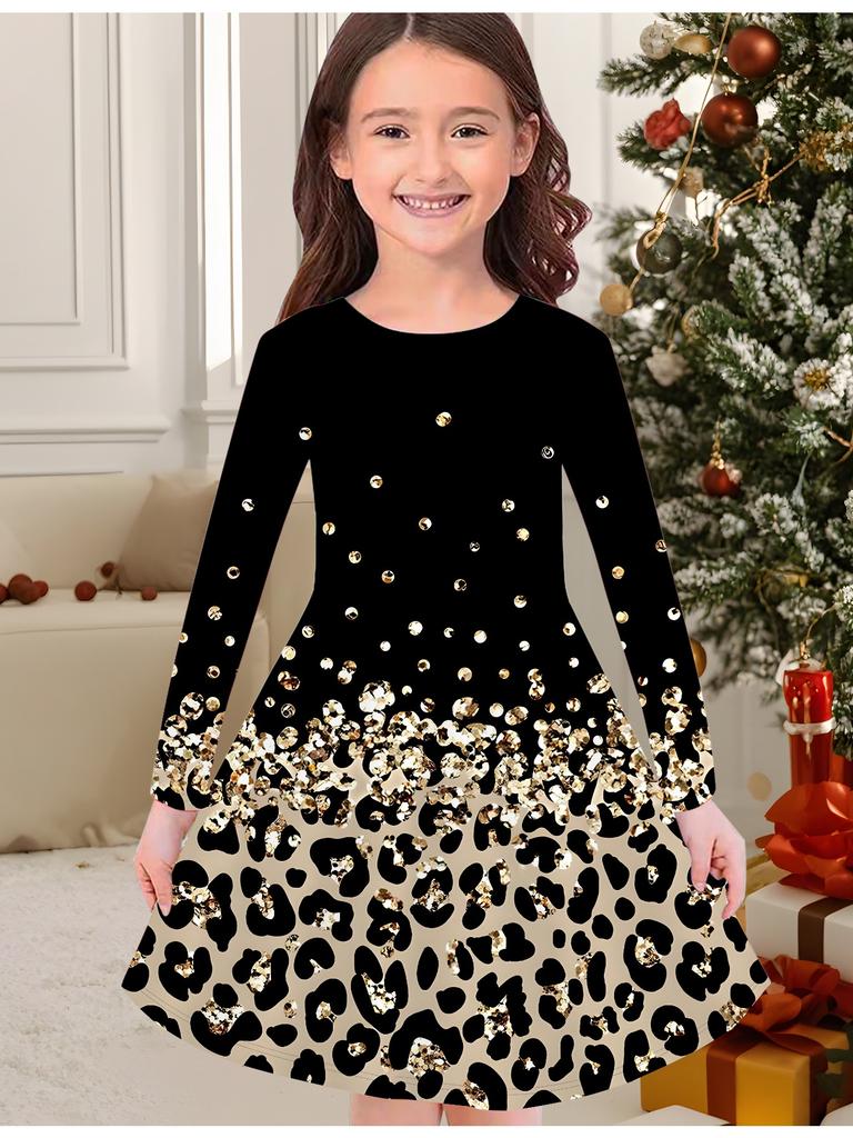 Girls' Autumn and Winter Fashion Dress, 3D Leopard Print Print  Round Neck Long Children's T-shirt Dress, Casual Versatile, Christmas Clothing