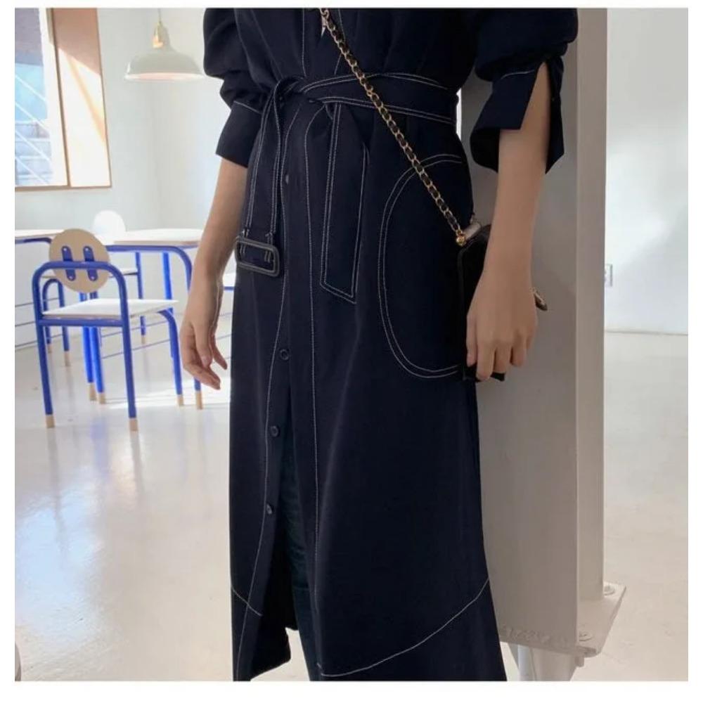 Single Breasted Women's Shirt Dresses Sashes New Stand Collar Casual Straight Dress Female