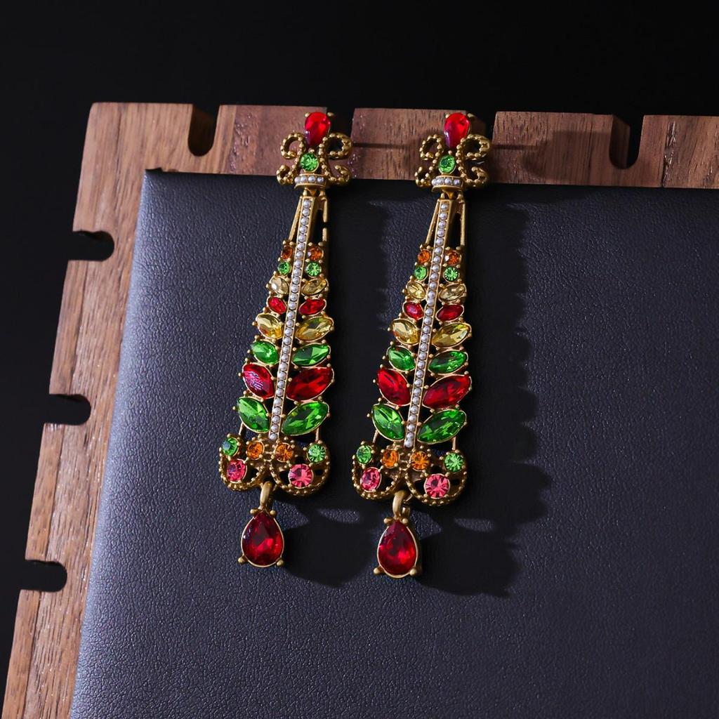 Colorful Rhinestone Christmas Tree Studs: Elegant Vintage Crystal Dangle Earrings