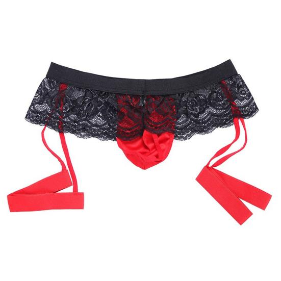 Men Club Garter Boxers U Convex Breathable Bouncy Solid Color Lace Clubwear See-through Flower Embroidery Nightclub Boxers Inner Wear Clothes