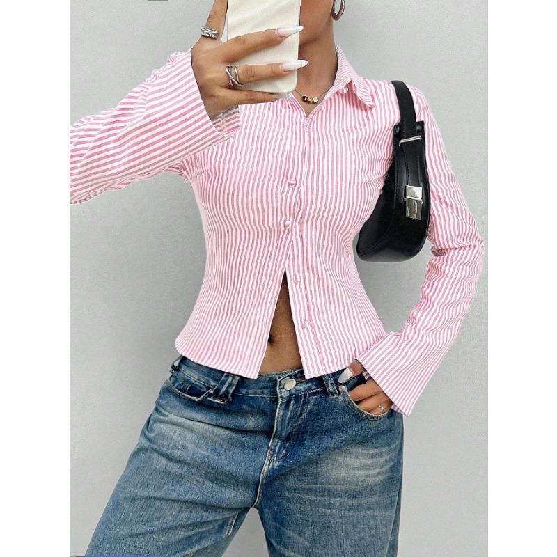 DAFIFY Women's Fashion Casual Spring Autumn Stripe Print Long Sleeve POLO Neck Blouses & Shirts