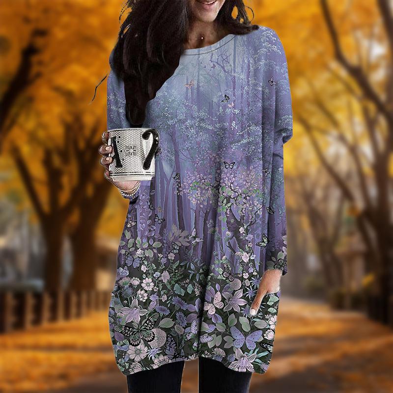 Новинка осени с принтом Blue Forest Plus Size Dress Women O neck Long Sleeves Casual — фото 5