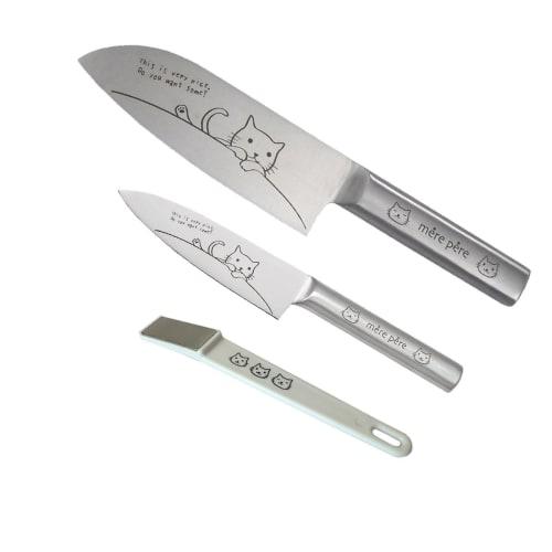 Merpere Cat Santoku and Petty Knife Pair Set (Includes Handy Knife Sharpener with Cat Design)