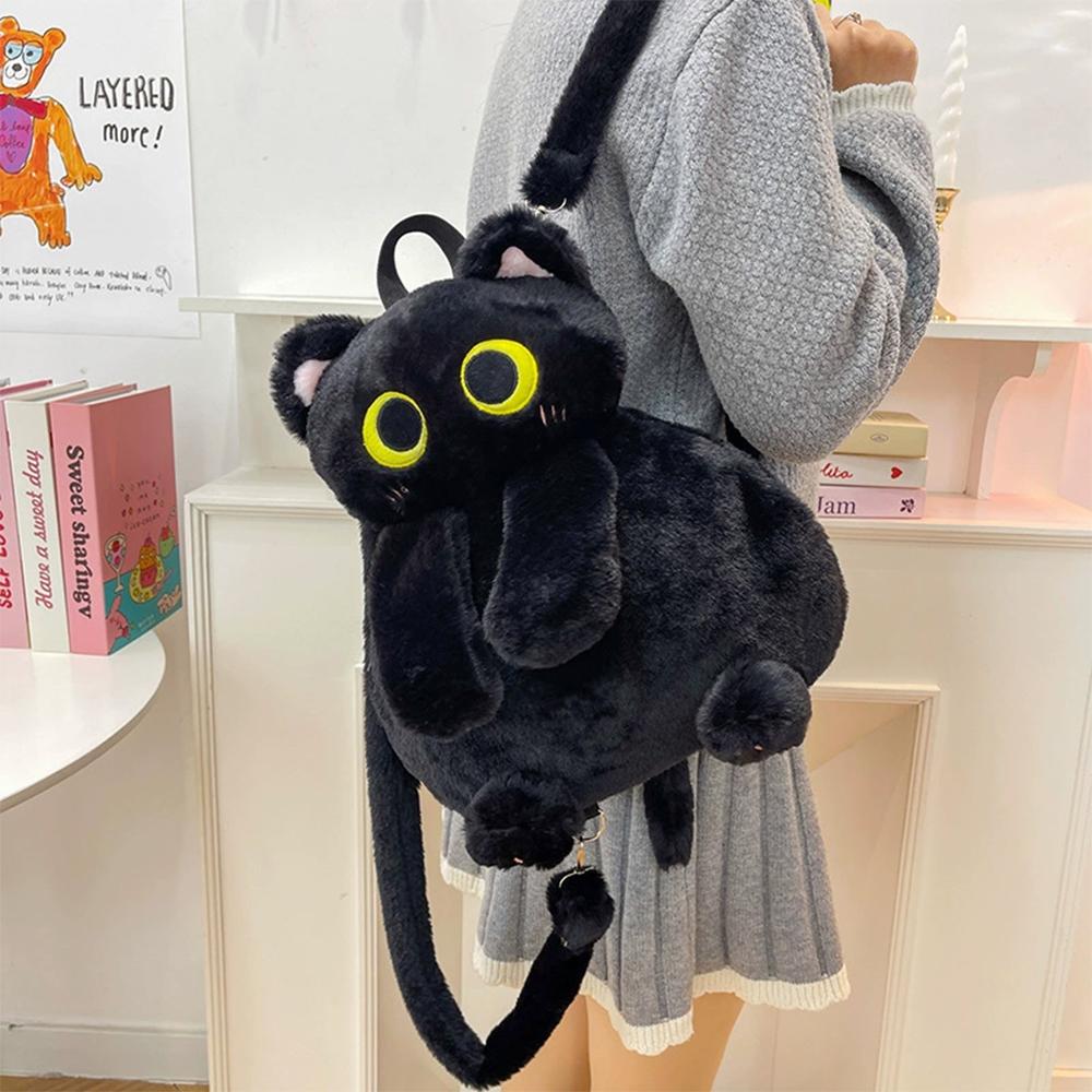33cm Kawaii Große Augen Katze Plüschtier Schwarzer Rucksack Niedliche Große Kapazität Stofftier Tasche Jungen Mädchen Frauen Weiches Spielzeug Rucksack Geschenk
