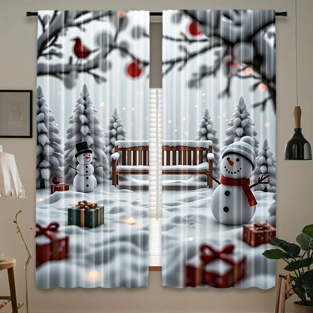 2pcs Christmas Snowman Gift Printed Curtains Designed for Light Filtering Quality Material Perfect for Christmas Holiday Home