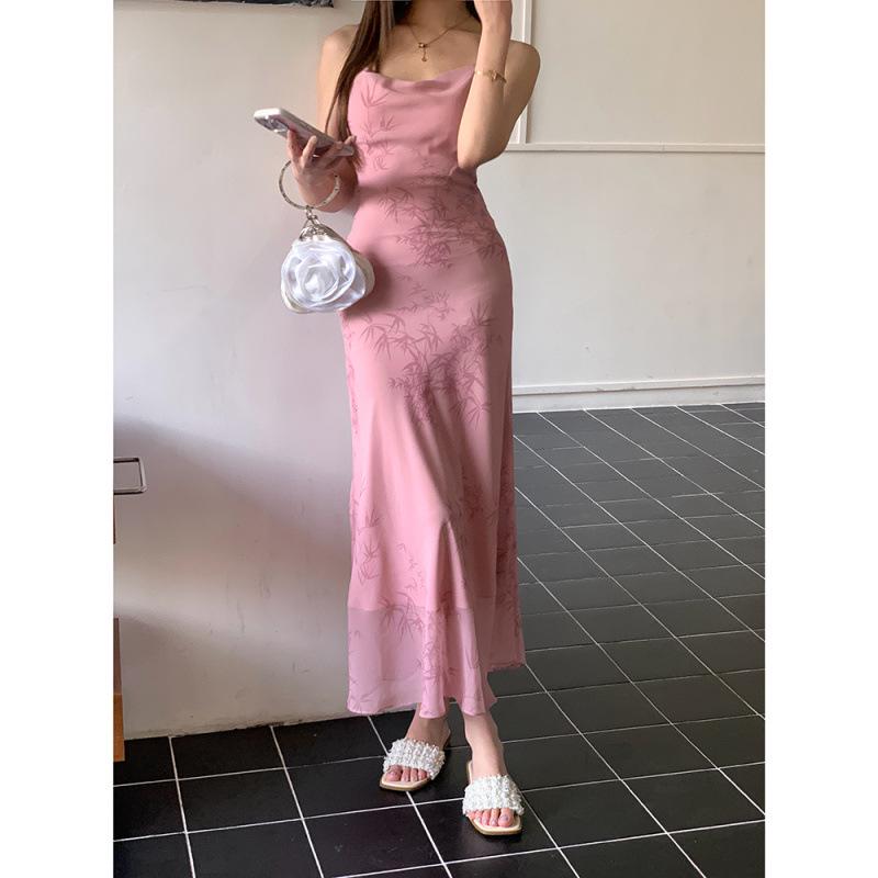 2026 Spring/Summer Pink Bamboo Rhyme Spaghetti Strap Long Dress for Women