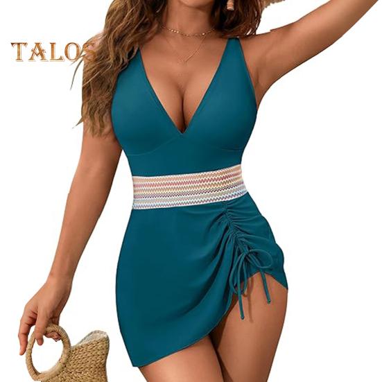 

Женский цельный купальник с утягивающим эффектом, скромный купальник с завязками, купальник с глубоким V-образным вырезом, цветной блок, купальник для пляжной вечеринки у бассейна XL темно-зеленого