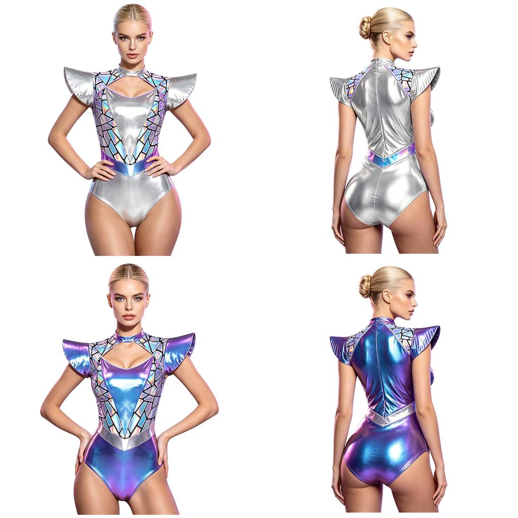 Dames Alien Cosplay Bodysuit Metallic Kleurovergang Pailletten Cut-out aan de voorkant Hoge hals Vliegmouw Leotard voor Halloweenfeest Optreden